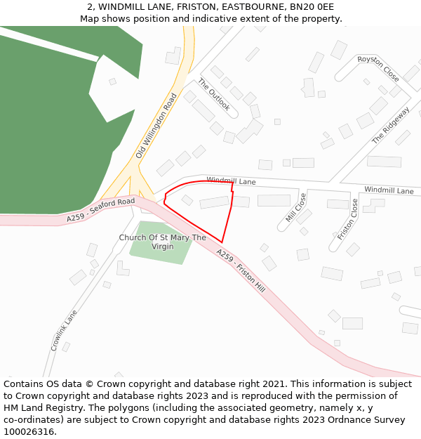 2, WINDMILL LANE, FRISTON, EASTBOURNE, BN20 0EE: Location map and indicative extent of plot