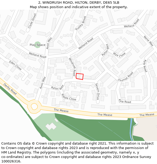 2, WINDRUSH ROAD, HILTON, DERBY, DE65 5LB: Location map and indicative extent of plot