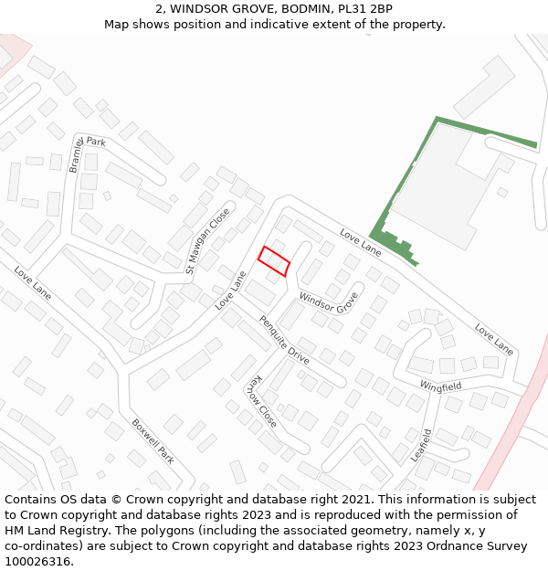 2, WINDSOR GROVE, BODMIN, PL31 2BP: Location map and indicative extent of plot