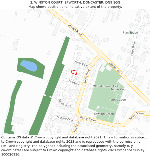 2, WINSTON COURT, EPWORTH, DONCASTER, DN9 1GG: Location map and indicative extent of plot