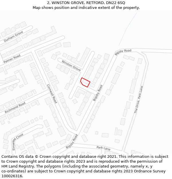 2, WINSTON GROVE, RETFORD, DN22 6SQ: Location map and indicative extent of plot