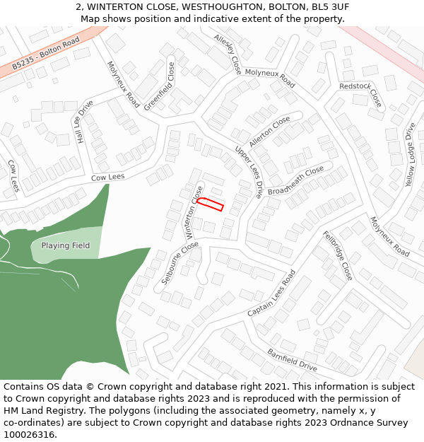 2, WINTERTON CLOSE, WESTHOUGHTON, BOLTON, BL5 3UF: Location map and indicative extent of plot