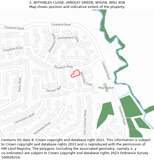 2, WITHINLEA CLOSE, HINDLEY GREEN, WIGAN, WN2 4GB: Location map and indicative extent of plot