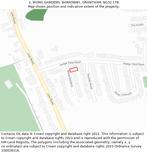 2, WONG GARDENS, BARROWBY, GRANTHAM, NG32 1TB: Location map and indicative extent of plot