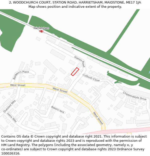 2, WOODCHURCH COURT, STATION ROAD, HARRIETSHAM, MAIDSTONE, ME17 1JA: Location map and indicative extent of plot