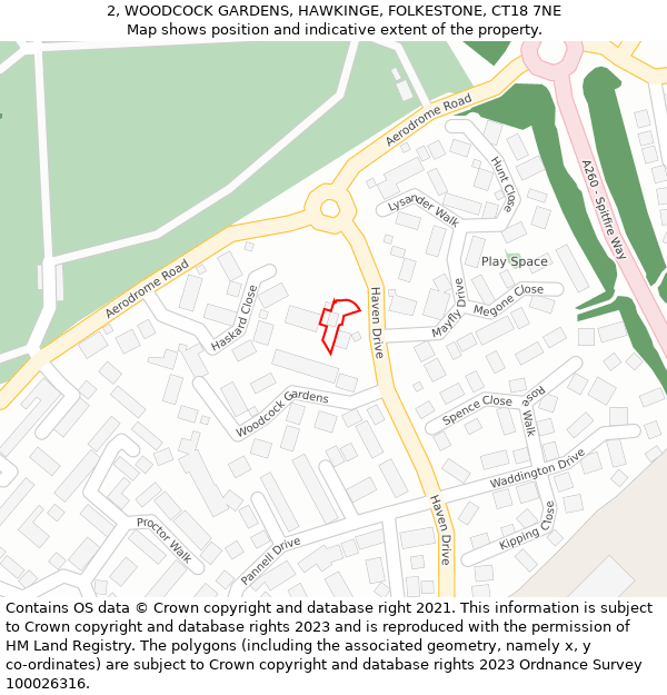 2, WOODCOCK GARDENS, HAWKINGE, FOLKESTONE, CT18 7NE: Location map and indicative extent of plot