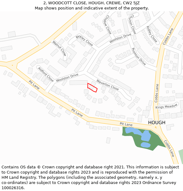 2, WOODCOTT CLOSE, HOUGH, CREWE, CW2 5JZ: Location map and indicative extent of plot