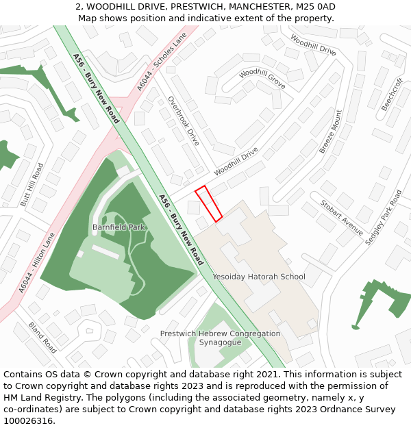 2, WOODHILL DRIVE, PRESTWICH, MANCHESTER, M25 0AD: Location map and indicative extent of plot