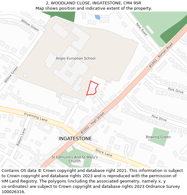 2, WOODLAND CLOSE, INGATESTONE, CM4 9SR: Location map and indicative extent of plot