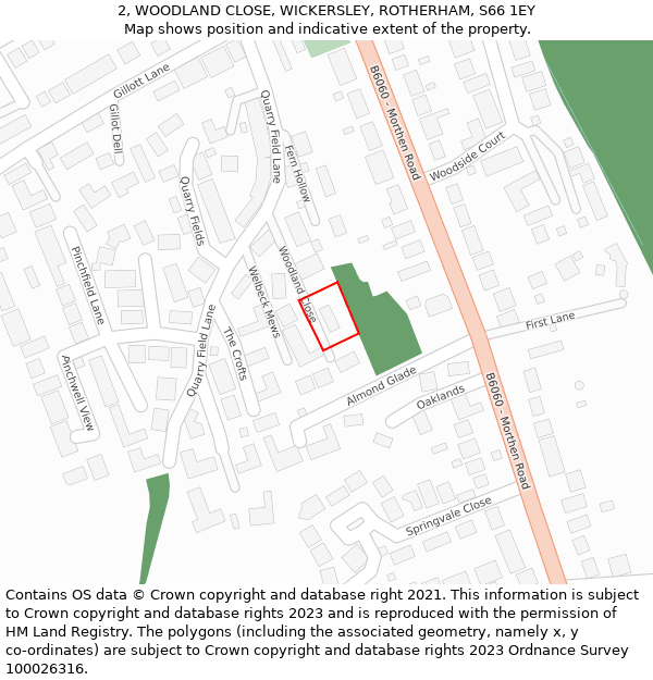 2, WOODLAND CLOSE, WICKERSLEY, ROTHERHAM, S66 1EY: Location map and indicative extent of plot
