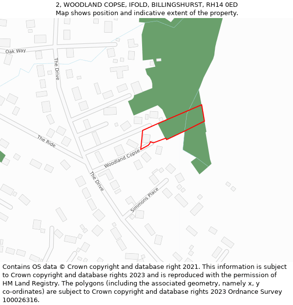 2, WOODLAND COPSE, IFOLD, BILLINGSHURST, RH14 0ED: Location map and indicative extent of plot