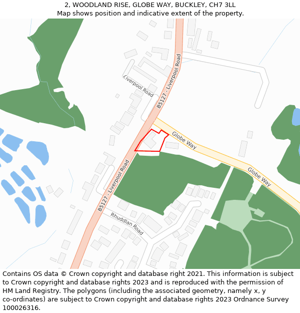 2, WOODLAND RISE, GLOBE WAY, BUCKLEY, CH7 3LL: Location map and indicative extent of plot