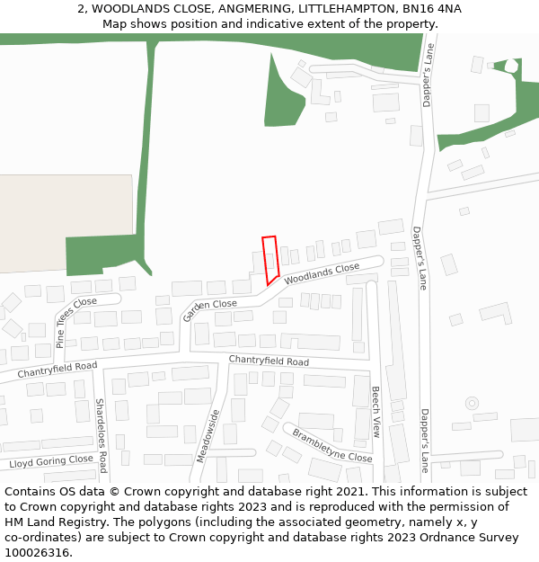 2, WOODLANDS CLOSE, ANGMERING, LITTLEHAMPTON, BN16 4NA: Location map and indicative extent of plot