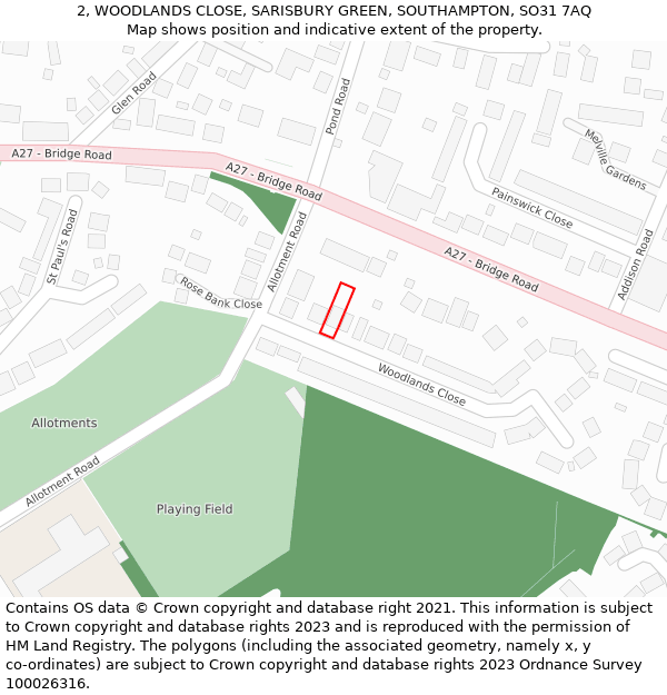 2, WOODLANDS CLOSE, SARISBURY GREEN, SOUTHAMPTON, SO31 7AQ: Location map and indicative extent of plot