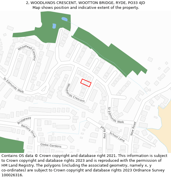 2, WOODLANDS CRESCENT, WOOTTON BRIDGE, RYDE, PO33 4JD: Location map and indicative extent of plot