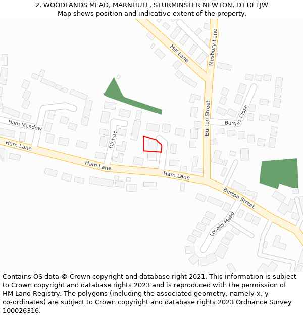 2, WOODLANDS MEAD, MARNHULL, STURMINSTER NEWTON, DT10 1JW: Location map and indicative extent of plot