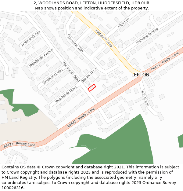 2, WOODLANDS ROAD, LEPTON, HUDDERSFIELD, HD8 0HR: Location map and indicative extent of plot