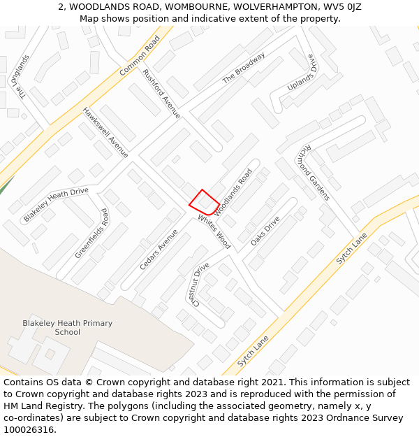 2, WOODLANDS ROAD, WOMBOURNE, WOLVERHAMPTON, WV5 0JZ: Location map and indicative extent of plot