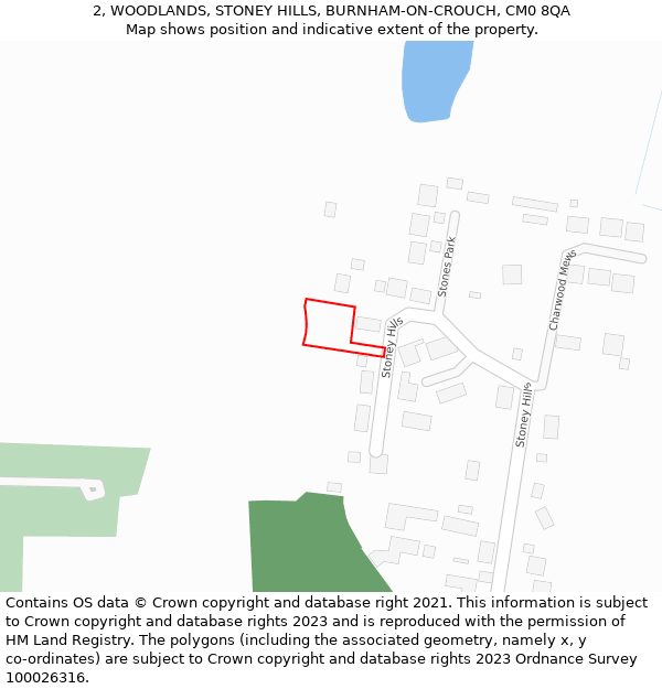 2, WOODLANDS, STONEY HILLS, BURNHAM-ON-CROUCH, CM0 8QA: Location map and indicative extent of plot