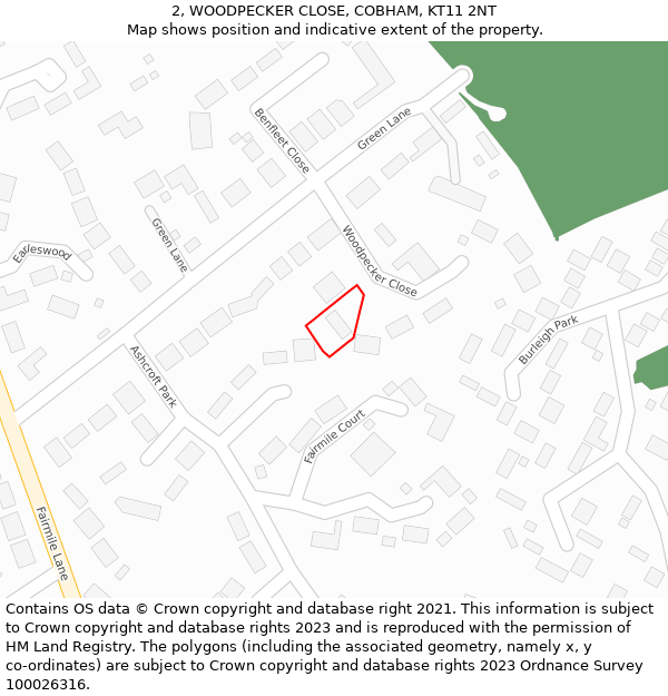 2, WOODPECKER CLOSE, COBHAM, KT11 2NT: Location map and indicative extent of plot