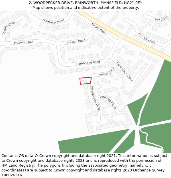 2, WOODPECKER DRIVE, RAINWORTH, MANSFIELD, NG21 0EY: Location map and indicative extent of plot