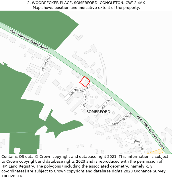 2, WOODPECKER PLACE, SOMERFORD, CONGLETON, CW12 4AX: Location map and indicative extent of plot