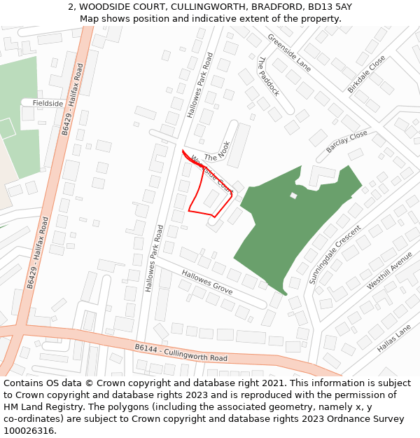 2, WOODSIDE COURT, CULLINGWORTH, BRADFORD, BD13 5AY: Location map and indicative extent of plot