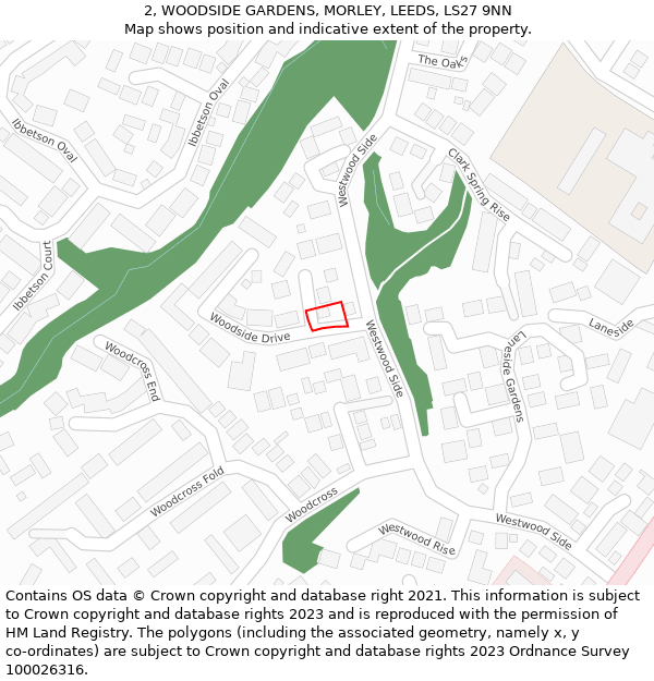 2, WOODSIDE GARDENS, MORLEY, LEEDS, LS27 9NN: Location map and indicative extent of plot