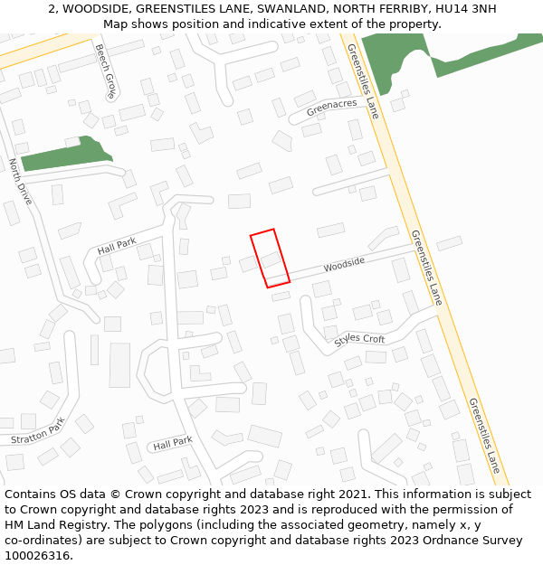 2, WOODSIDE, GREENSTILES LANE, SWANLAND, NORTH FERRIBY, HU14 3NH: Location map and indicative extent of plot