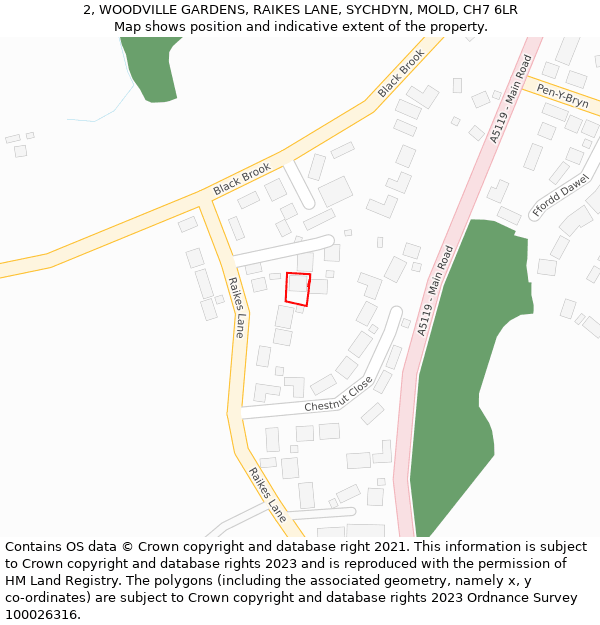 2, WOODVILLE GARDENS, RAIKES LANE, SYCHDYN, MOLD, CH7 6LR: Location map and indicative extent of plot