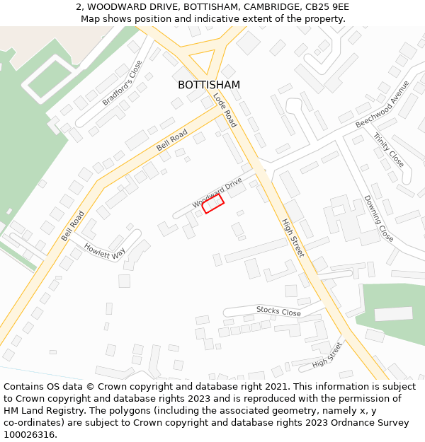 2, WOODWARD DRIVE, BOTTISHAM, CAMBRIDGE, CB25 9EE: Location map and indicative extent of plot