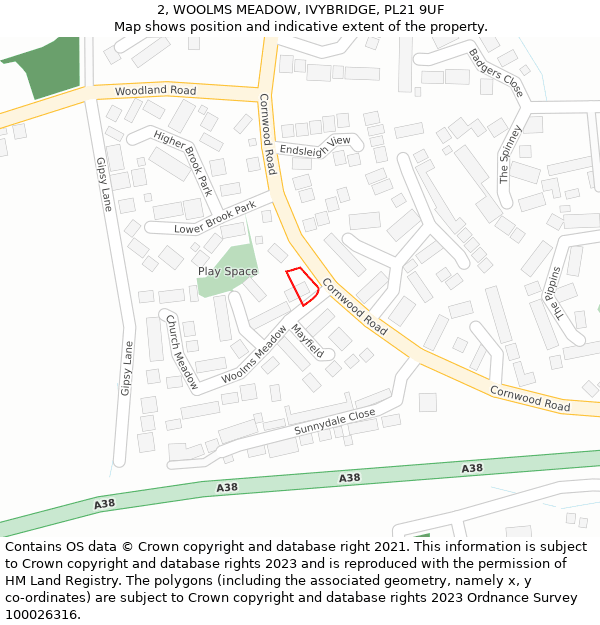 2, WOOLMS MEADOW, IVYBRIDGE, PL21 9UF: Location map and indicative extent of plot