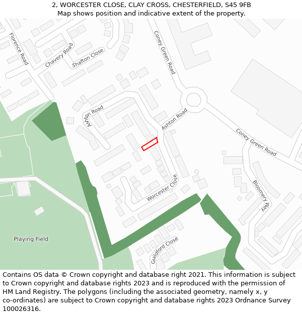 2, WORCESTER CLOSE, CLAY CROSS, CHESTERFIELD, S45 9FB: Location map and indicative extent of plot