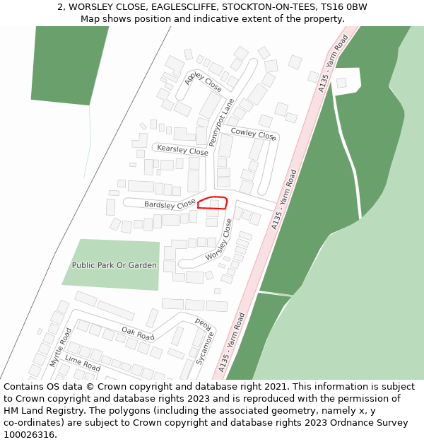 2, WORSLEY CLOSE, EAGLESCLIFFE, STOCKTON-ON-TEES, TS16 0BW: Location map and indicative extent of plot