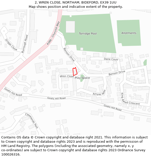 2, WREN CLOSE, NORTHAM, BIDEFORD, EX39 1UU: Location map and indicative extent of plot