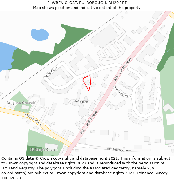 2, WREN CLOSE, PULBOROUGH, RH20 1BF: Location map and indicative extent of plot