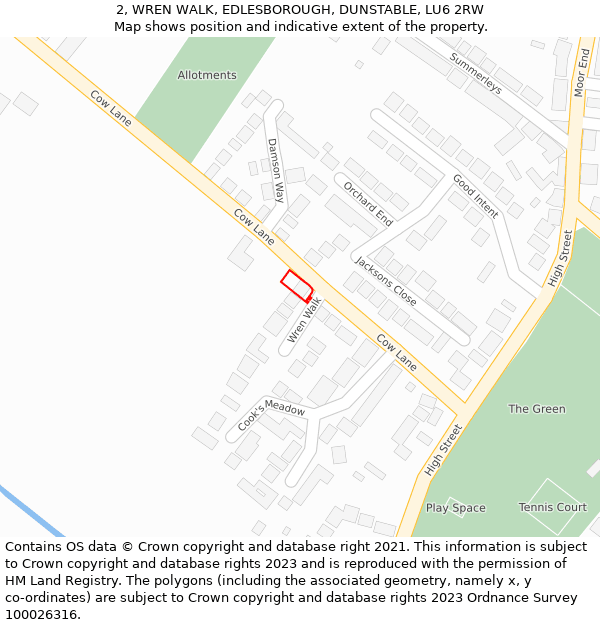 2, WREN WALK, EDLESBOROUGH, DUNSTABLE, LU6 2RW: Location map and indicative extent of plot