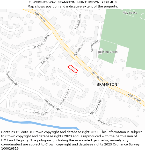 2, WRIGHTS WAY, BRAMPTON, HUNTINGDON, PE28 4UB: Location map and indicative extent of plot