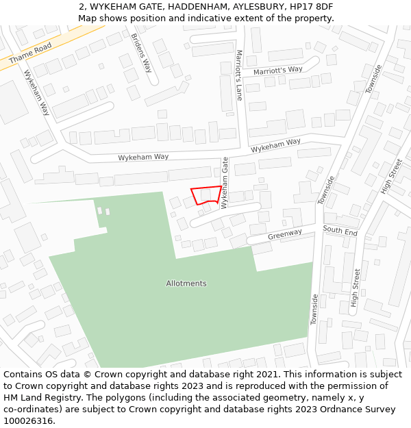 2, WYKEHAM GATE, HADDENHAM, AYLESBURY, HP17 8DF: Location map and indicative extent of plot