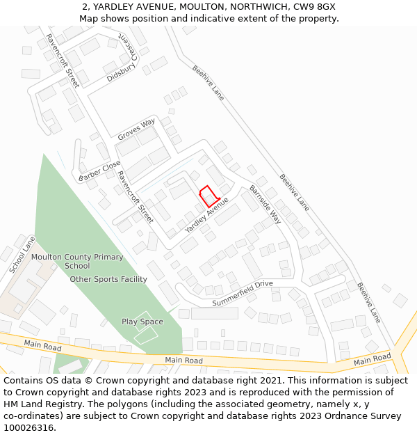 2, YARDLEY AVENUE, MOULTON, NORTHWICH, CW9 8GX: Location map and indicative extent of plot