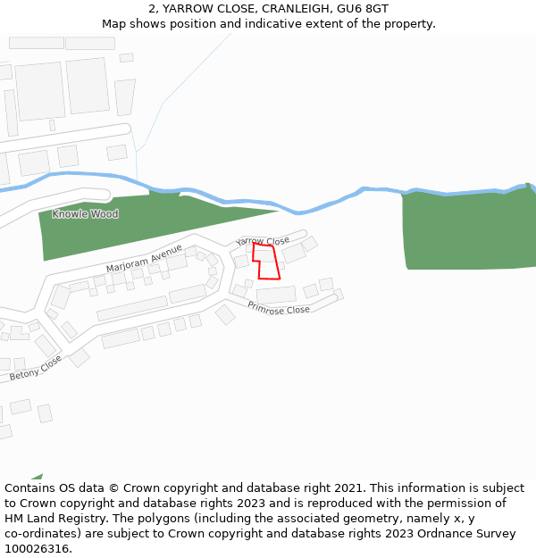 2, YARROW CLOSE, CRANLEIGH, GU6 8GT: Location map and indicative extent of plot