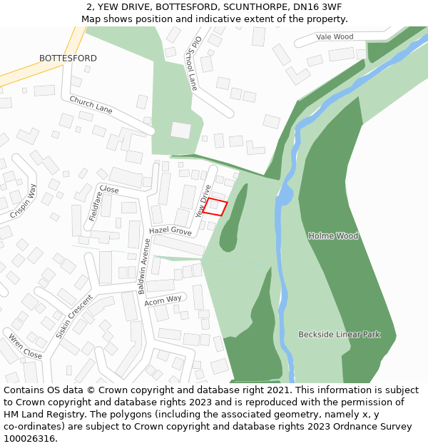 2, YEW DRIVE, BOTTESFORD, SCUNTHORPE, DN16 3WF: Location map and indicative extent of plot