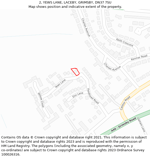 2, YEWS LANE, LACEBY, GRIMSBY, DN37 7SU: Location map and indicative extent of plot