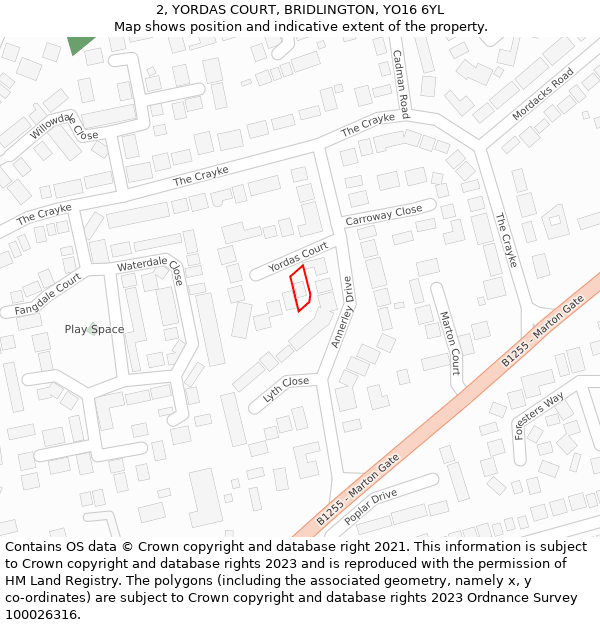 2, YORDAS COURT, BRIDLINGTON, YO16 6YL: Location map and indicative extent of plot