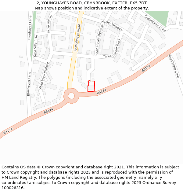 2, YOUNGHAYES ROAD, CRANBROOK, EXETER, EX5 7DT: Location map and indicative extent of plot