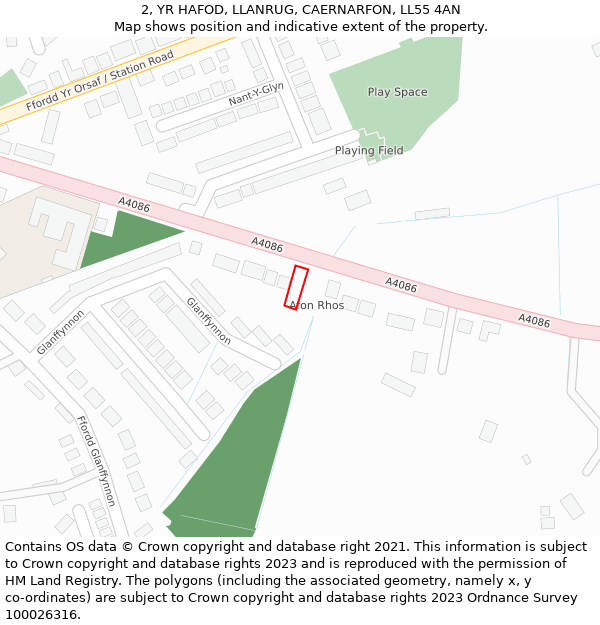 2, YR HAFOD, LLANRUG, CAERNARFON, LL55 4AN: Location map and indicative extent of plot