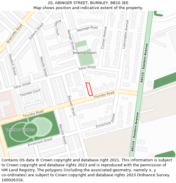 20, ABINGER STREET, BURNLEY, BB10 3EE: Location map and indicative extent of plot