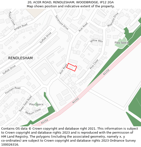 20, ACER ROAD, RENDLESHAM, WOODBRIDGE, IP12 2GA: Location map and indicative extent of plot
