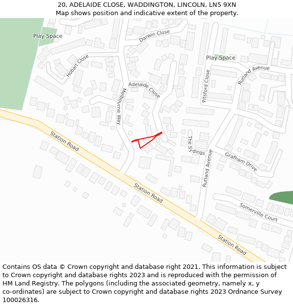 20, ADELAIDE CLOSE, WADDINGTON, LINCOLN, LN5 9XN: Location map and indicative extent of plot