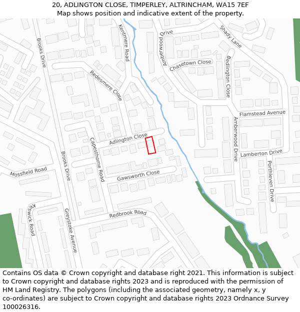 20, ADLINGTON CLOSE, TIMPERLEY, ALTRINCHAM, WA15 7EF: Location map and indicative extent of plot